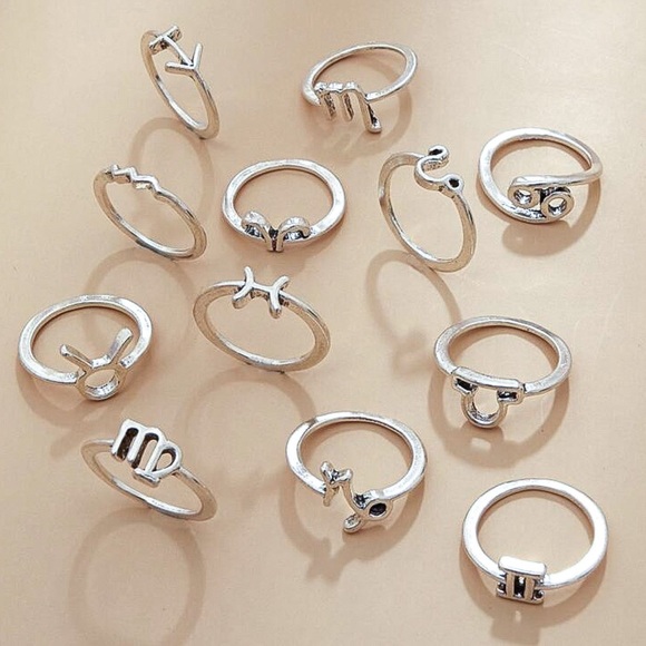 Any 2/$20! Set of 12 Silver Zodiac Boho Midi Rings - Picture 2 of 8